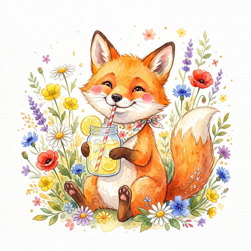 Watercolor Fox Drinking Lemonade
