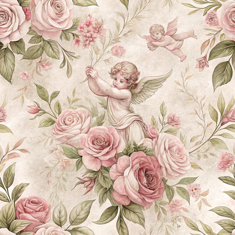 Blush Pink Floral Cherub Pattern