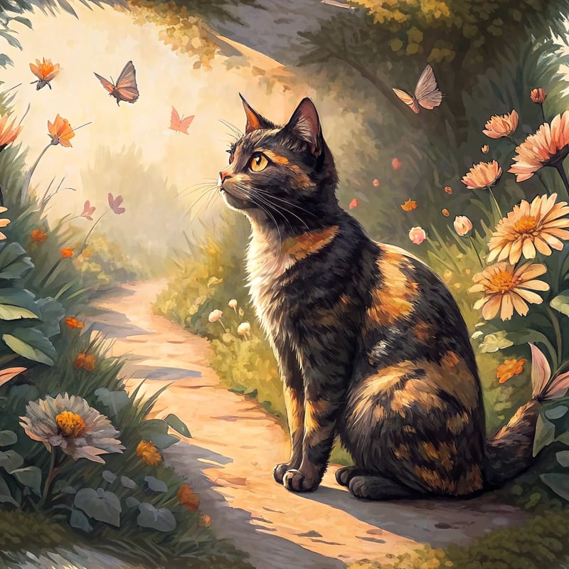 Short-Haired Tortie Cat in Garden