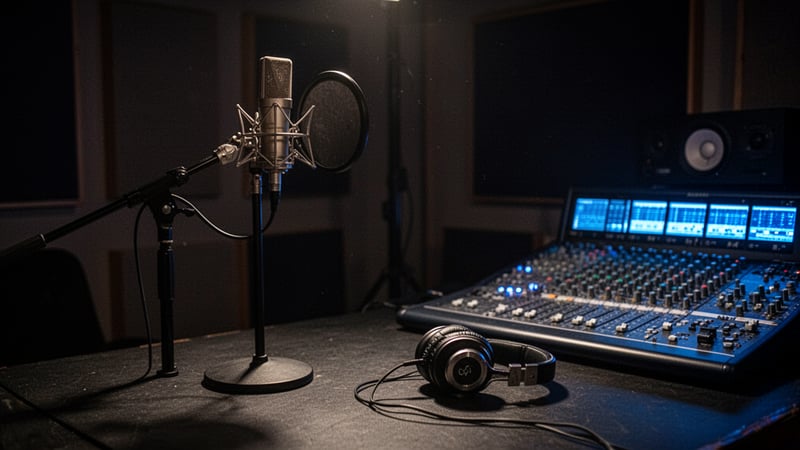 Dark Music Studio with Microphone