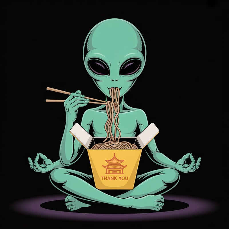 Green Alien Eating Noodles Illustration