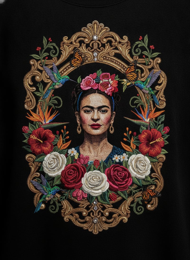 Embroidered Frida Kahlo with Floral Frame