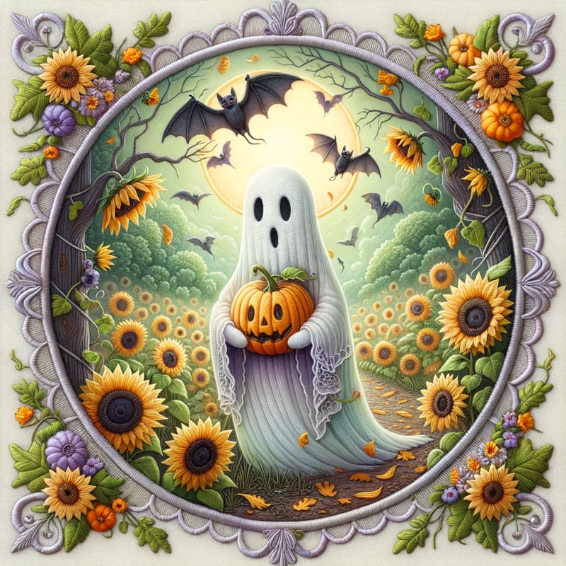 Pastel Ghost with Pumpkin and Sunflowers