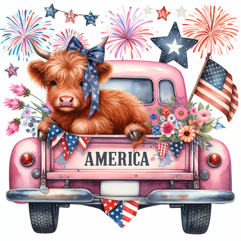 Whimsical Highland Cow in Patriotic Truck