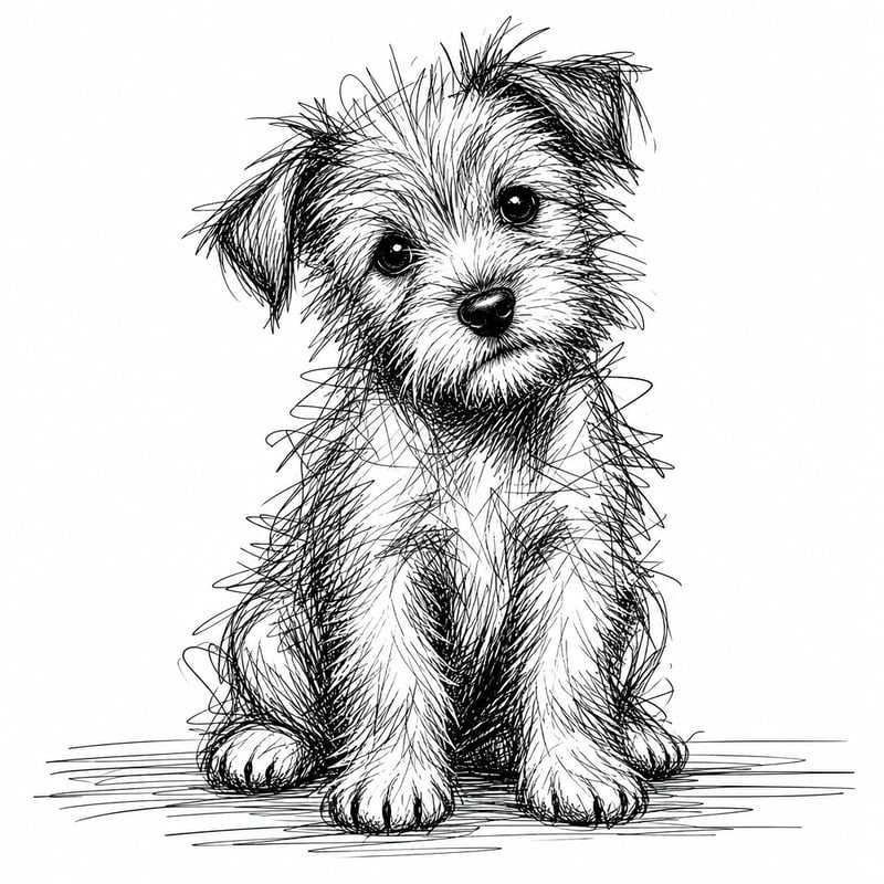 Scruffy Terrier Puppy Ink Sketch