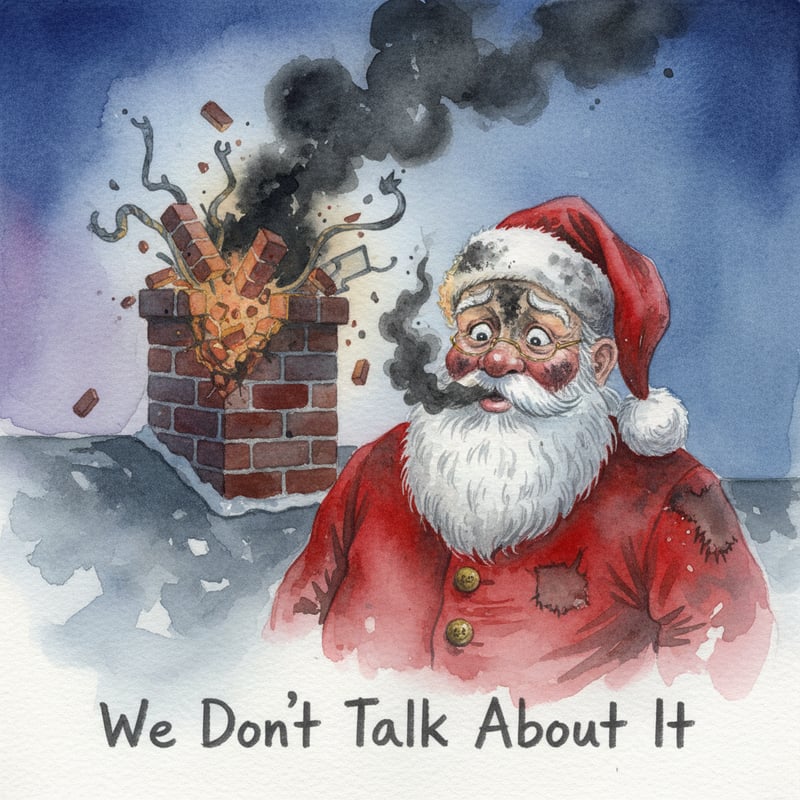 Watercolor Santa After Chimney Explosion