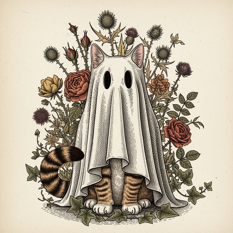 Ghost Cat with Gothic Florals