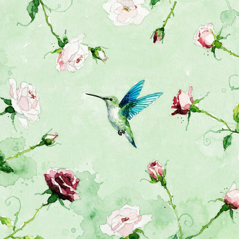 Watercolor Hummingbird with Roses