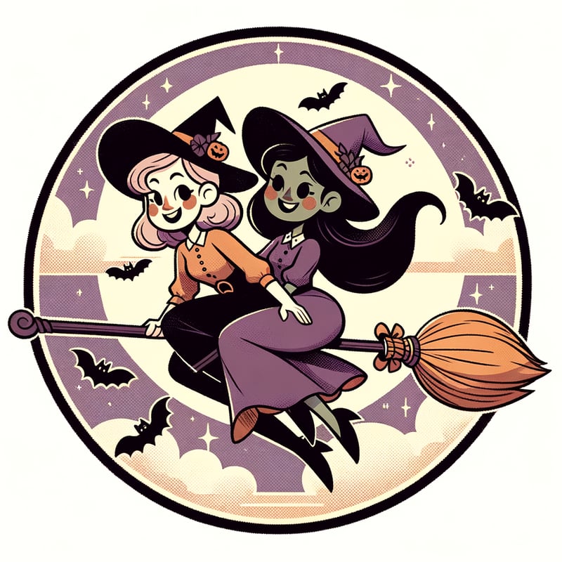 Retro Cartoon Witches on Tandem Broomstick