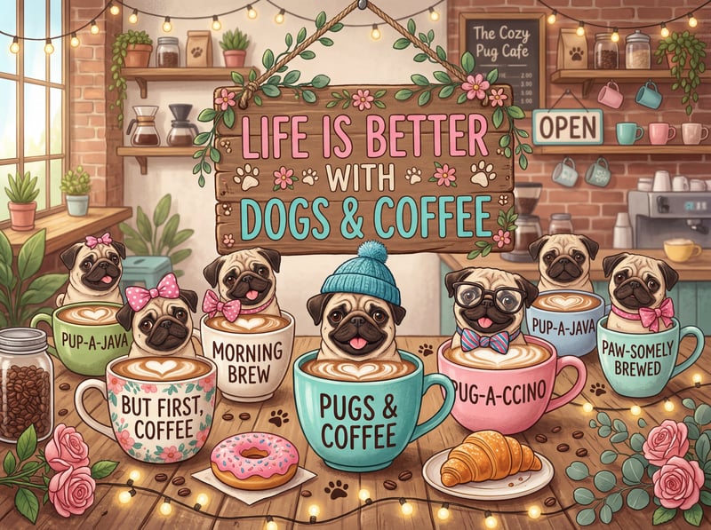 Pugs in Coffee Cups at Dog Cafe