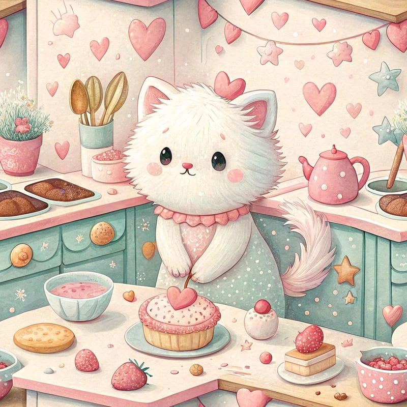 Fluffy Cat Baking in Pastel Kitchen