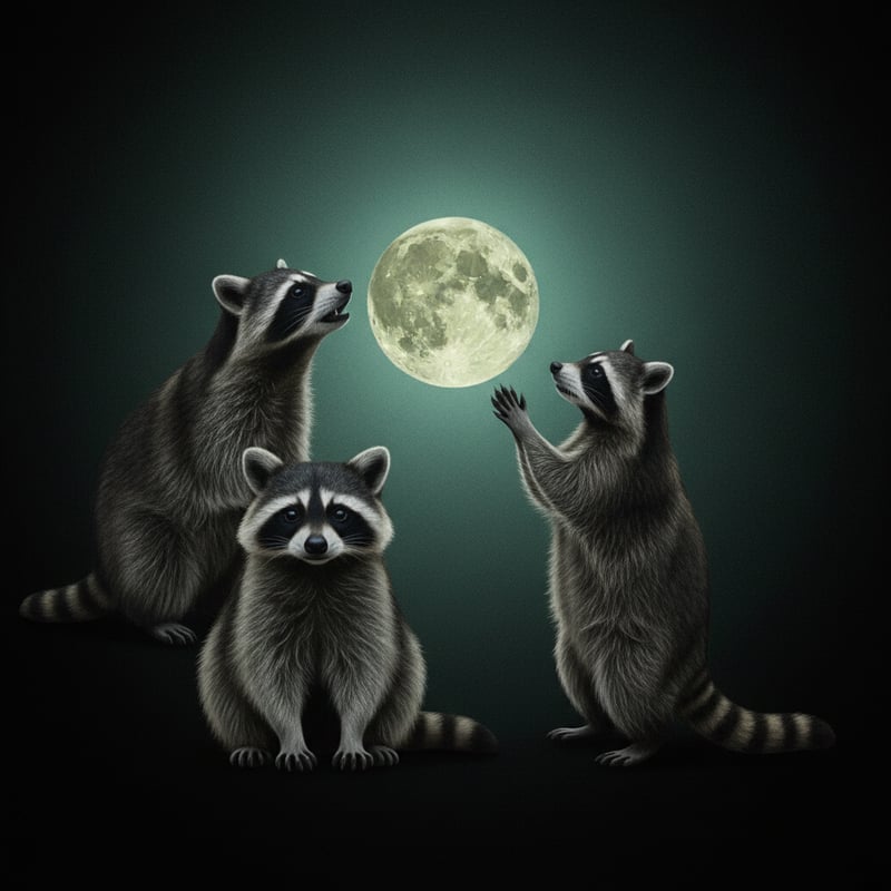 Raccoons Under a Detailed Full Moon