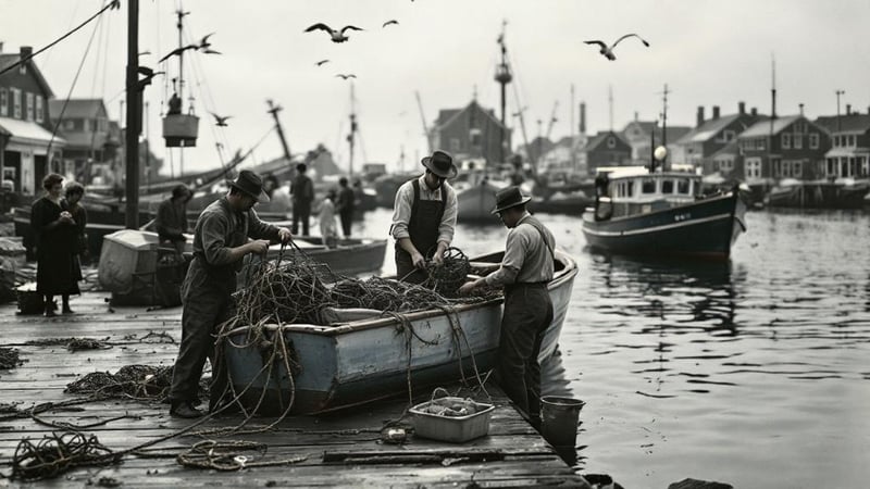 1930 Maine Fishing Boat Crew Scene