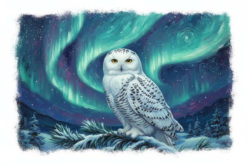 Snowy Owl with Aurora Sky