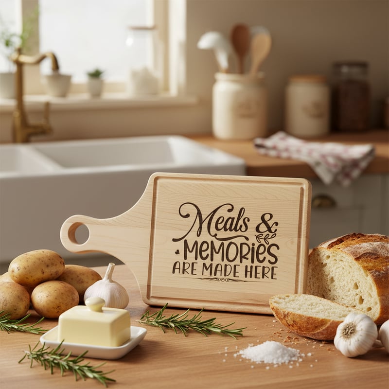 Engraved Wooden Board in Cozy Kitchen