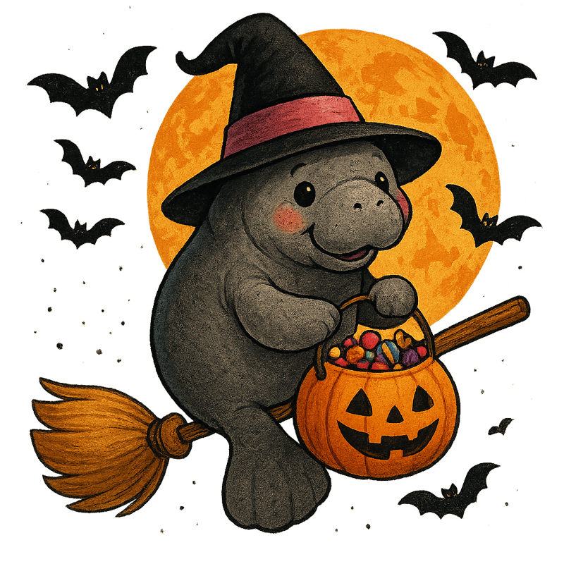Halloween Manatee Witch Illustration