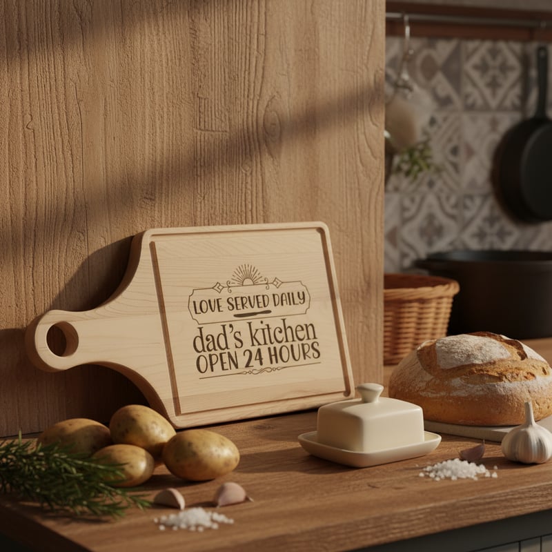 Engraved Wooden Board in Cozy Kitchen