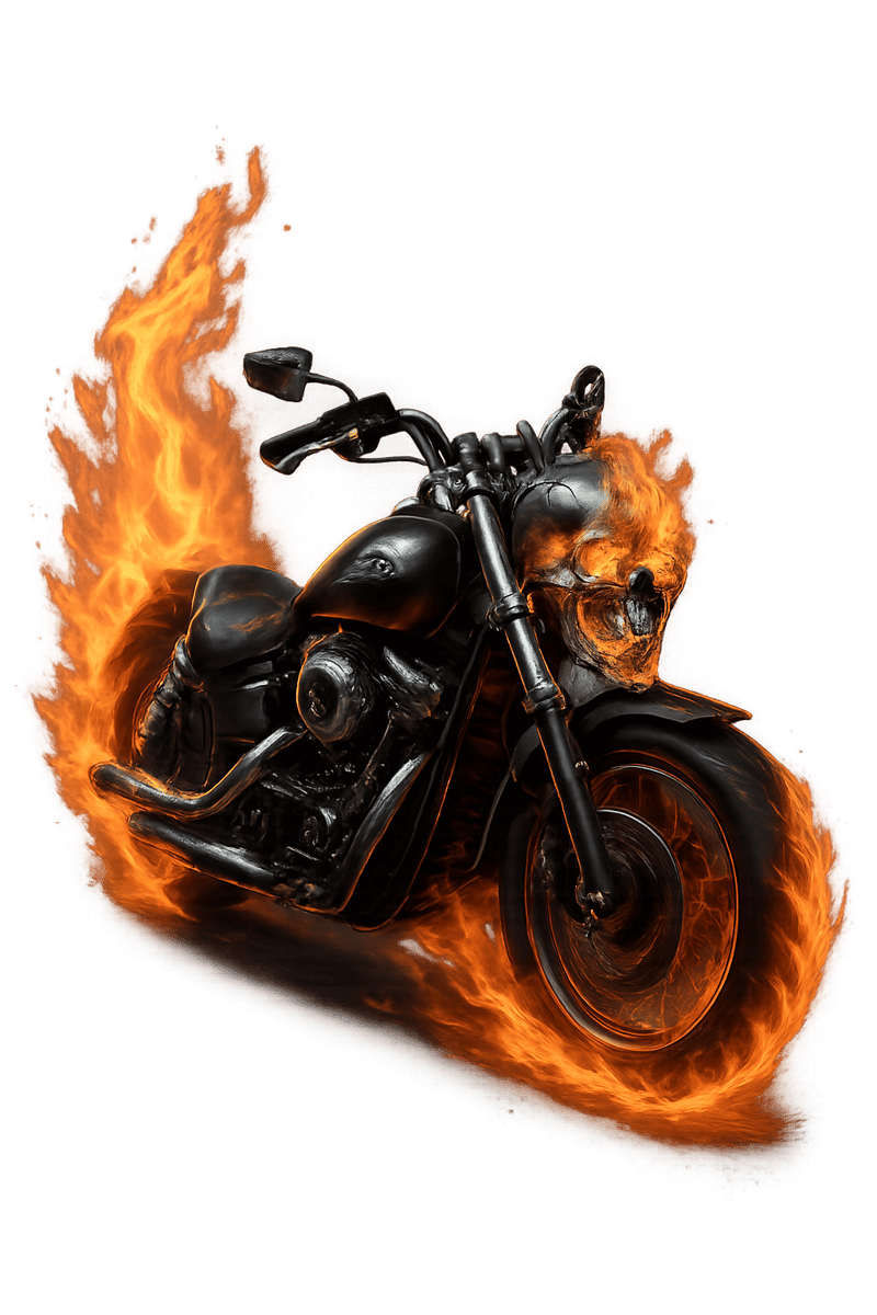 Flaming Motorcycle with Skull Headlights
