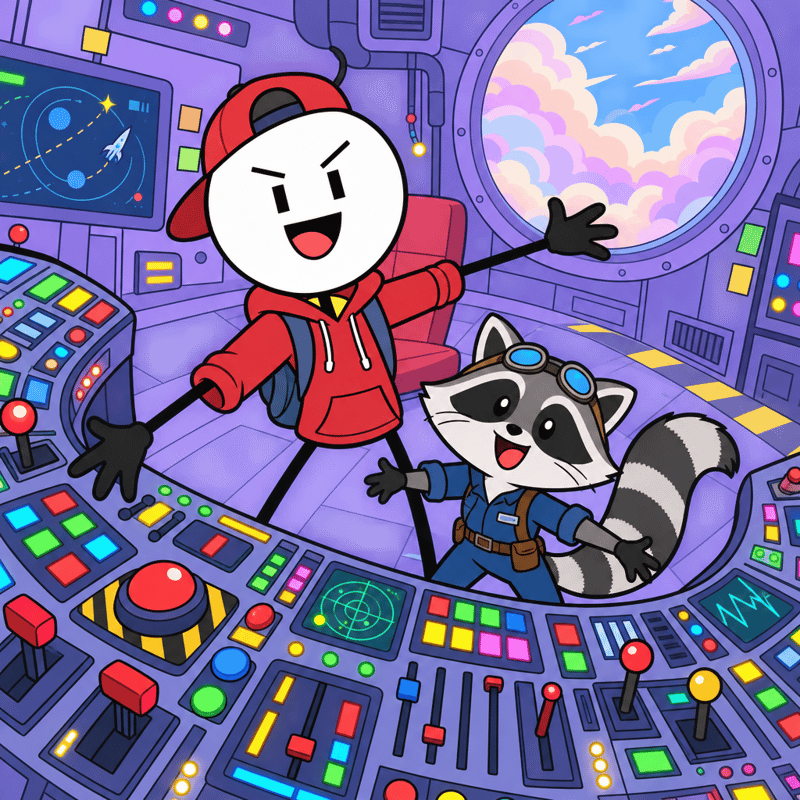 Flat 2D Raccoon at Control Panel