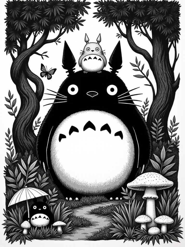 Detailed Linocut Illustration of Totoro