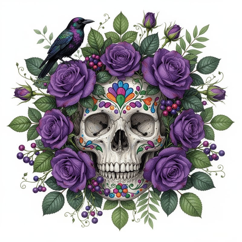 Vibrant Botanical Skull Illustration