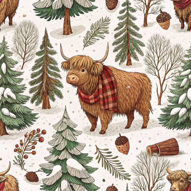 Highland Cow in Cozy Woodland Scene