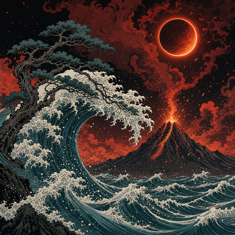 Ukiyo-e Volcanic Eruption & Wave Vector