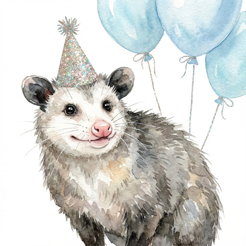 Watercolor Opossum with Party Hat