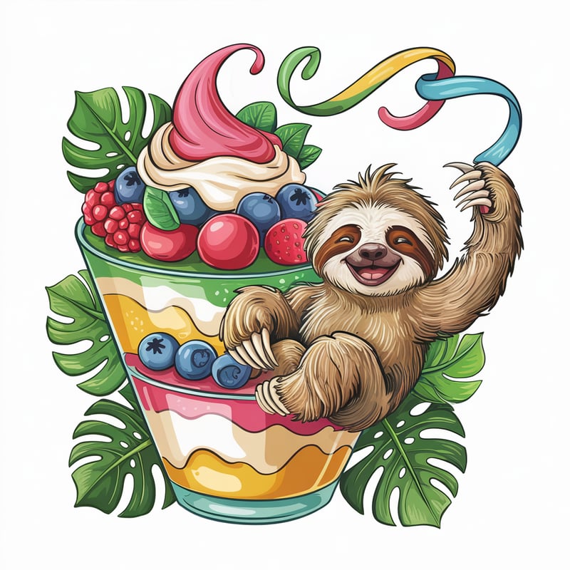 Whimsical Baby Sloth on Fruit Parfait