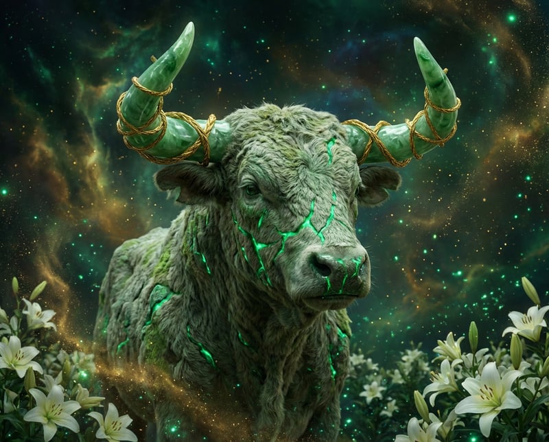 Majestic Jade Bull in Forest Nebula