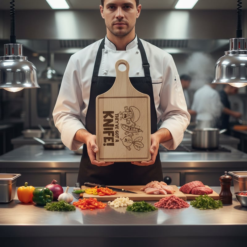 Chef Holding Engraved Board in Kitchen
