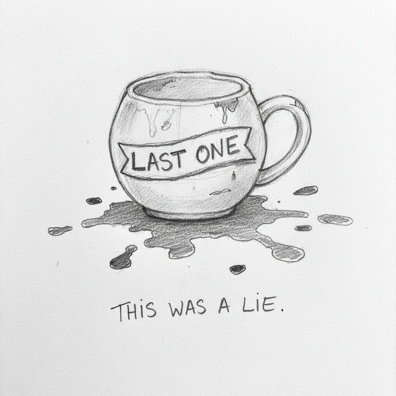 Sketch of coffee cup with label and stains