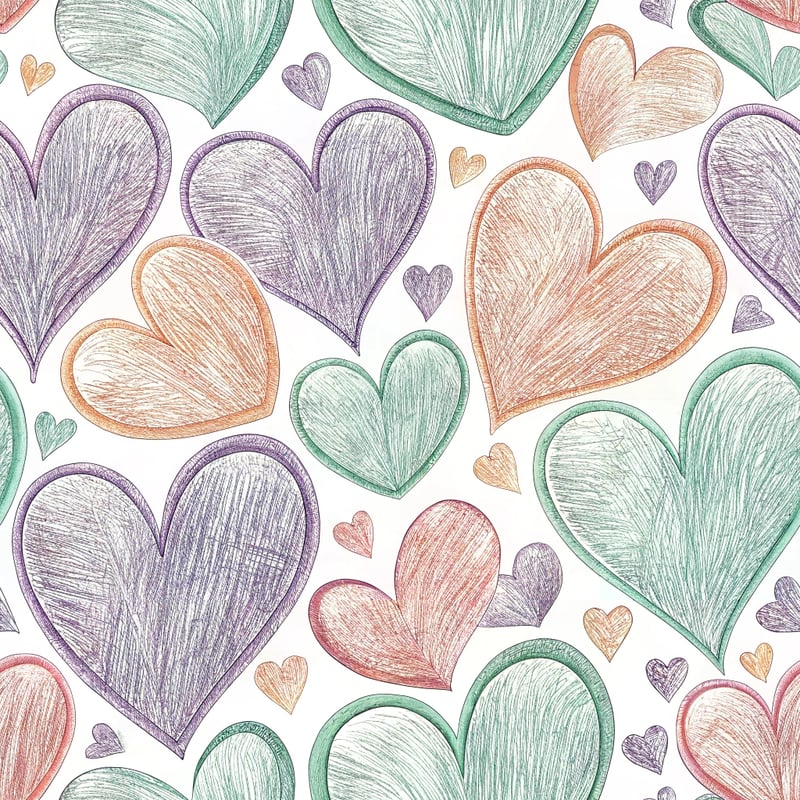 Digital Pencil Sketch of Colored Hearts