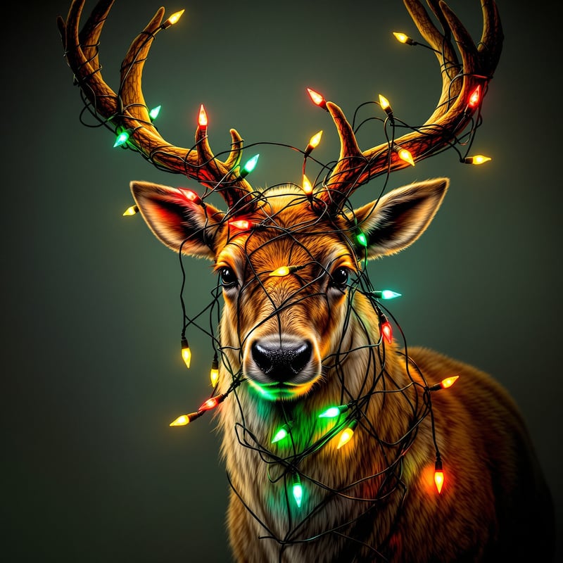 Reindeer Tangled in Christmas Lights