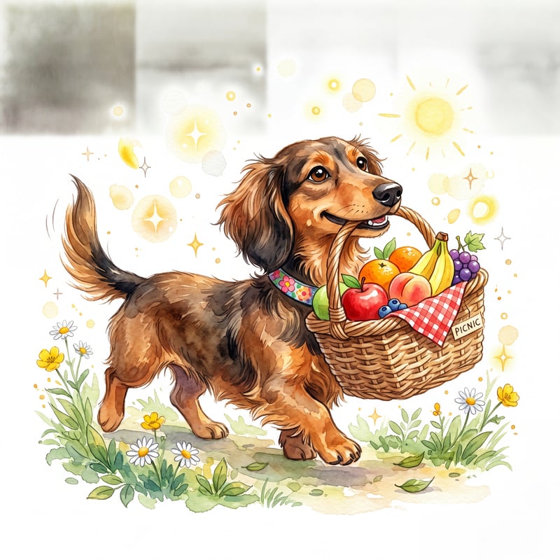 Happy Dachshund with Picnic Basket