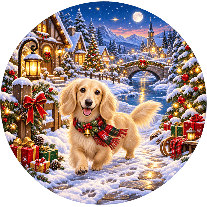 Cream Dachshund Snow Village Circle