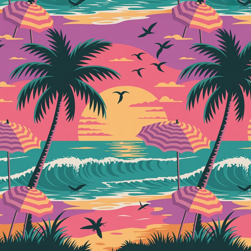 1980s Neon Beach Sunset Pattern