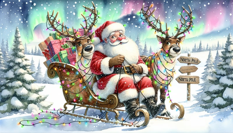 Whimsical Santa and Tangled Reindeer Scene