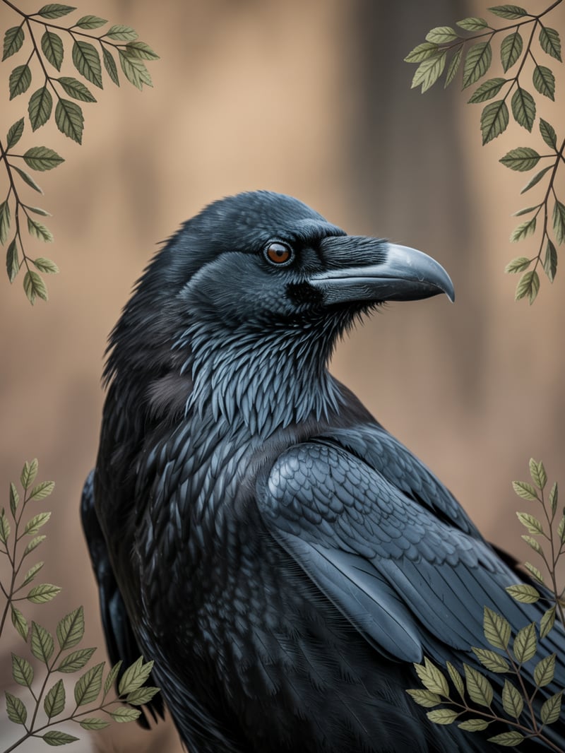 Realistic Raven with Leaf Sprig Frame