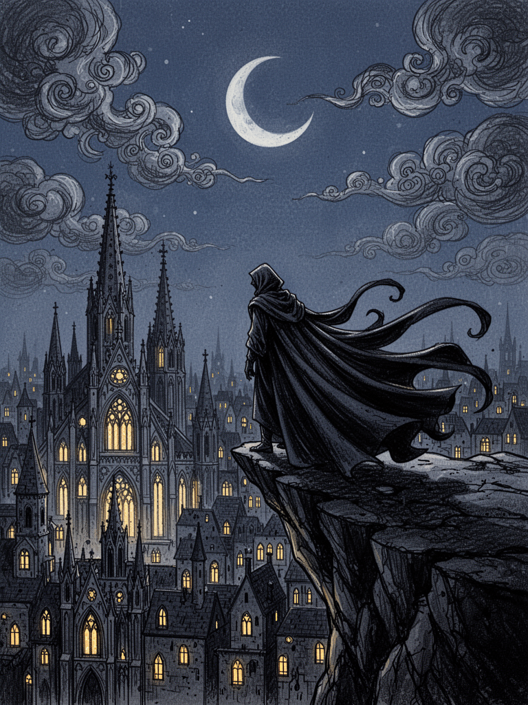 Gothic Hooded Figure Over Medieval City