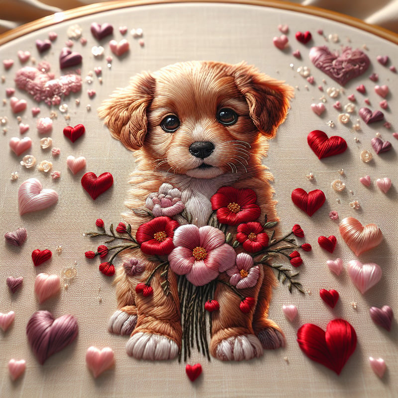 Valentine Puppy Embroidered Illustration