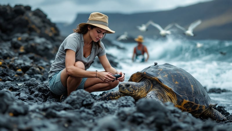 Wildlife Biologist Tracking Giant Tortoise