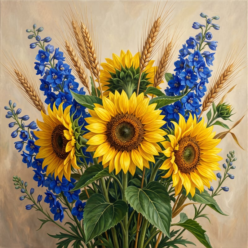 Yellow Sunflowers with Blue Delphiniums