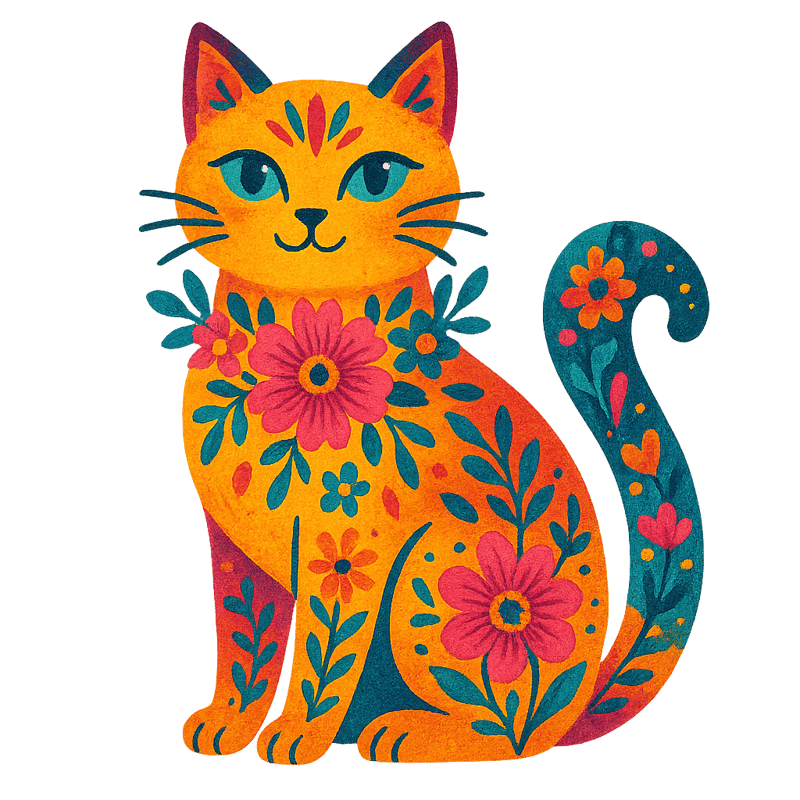 Colorful Boho Floral Cat Illustration