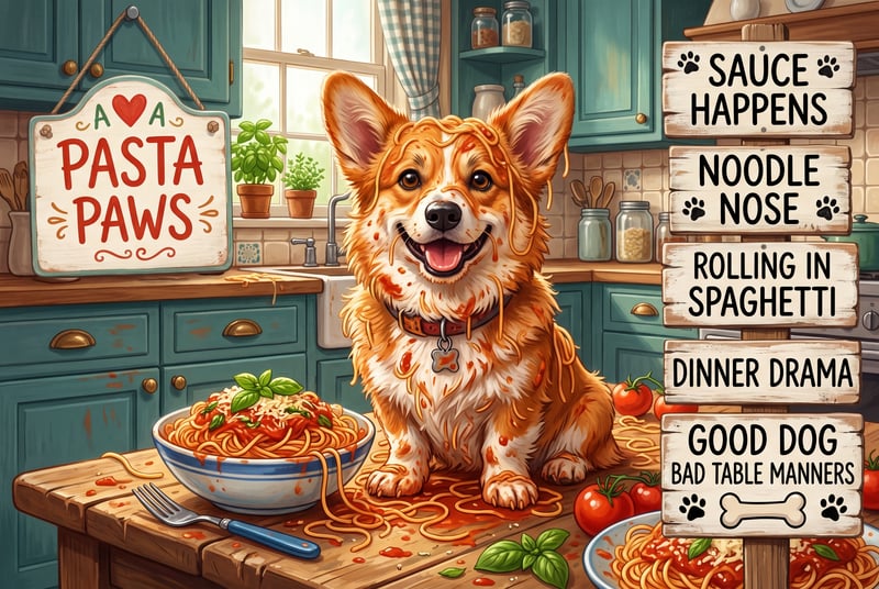 Whimsical Corgi with Spaghetti in Kitchen