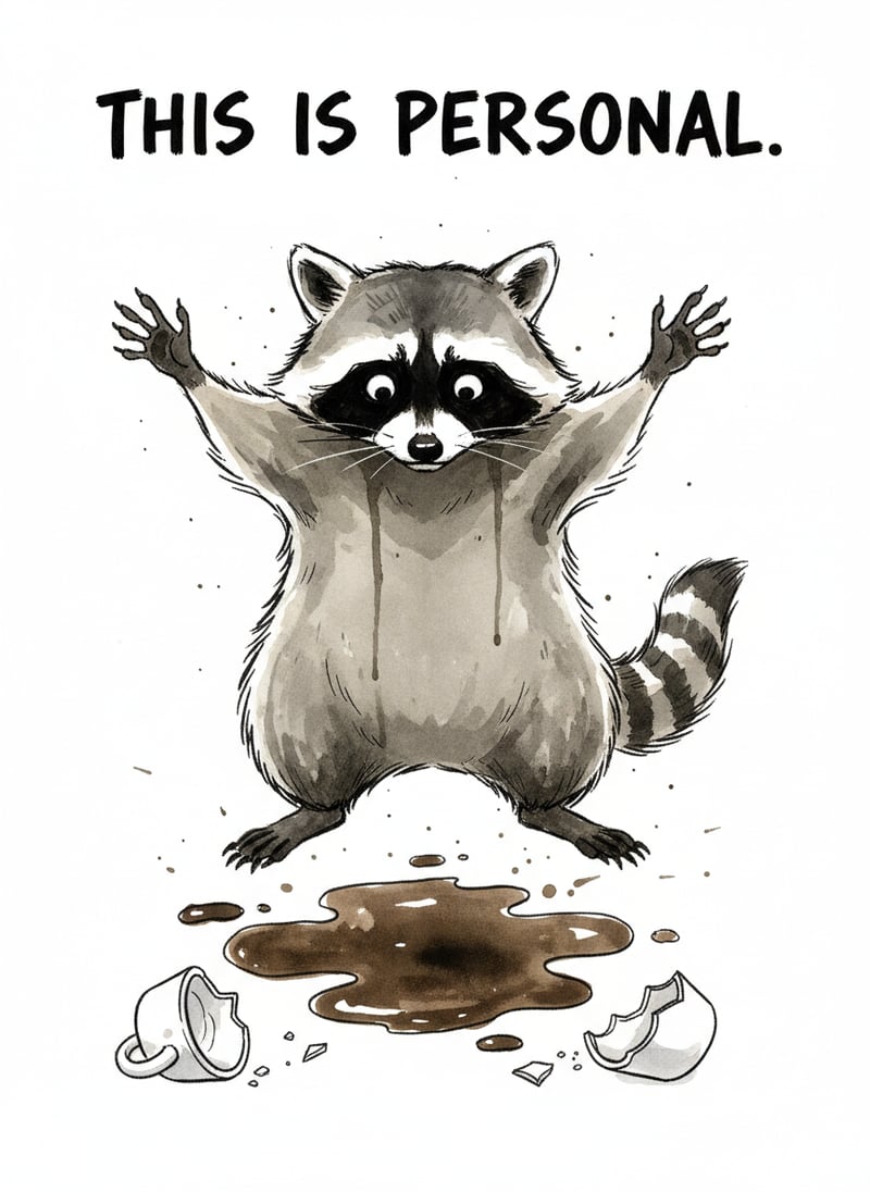 Ink Illustration of Raccoon with Coffee
