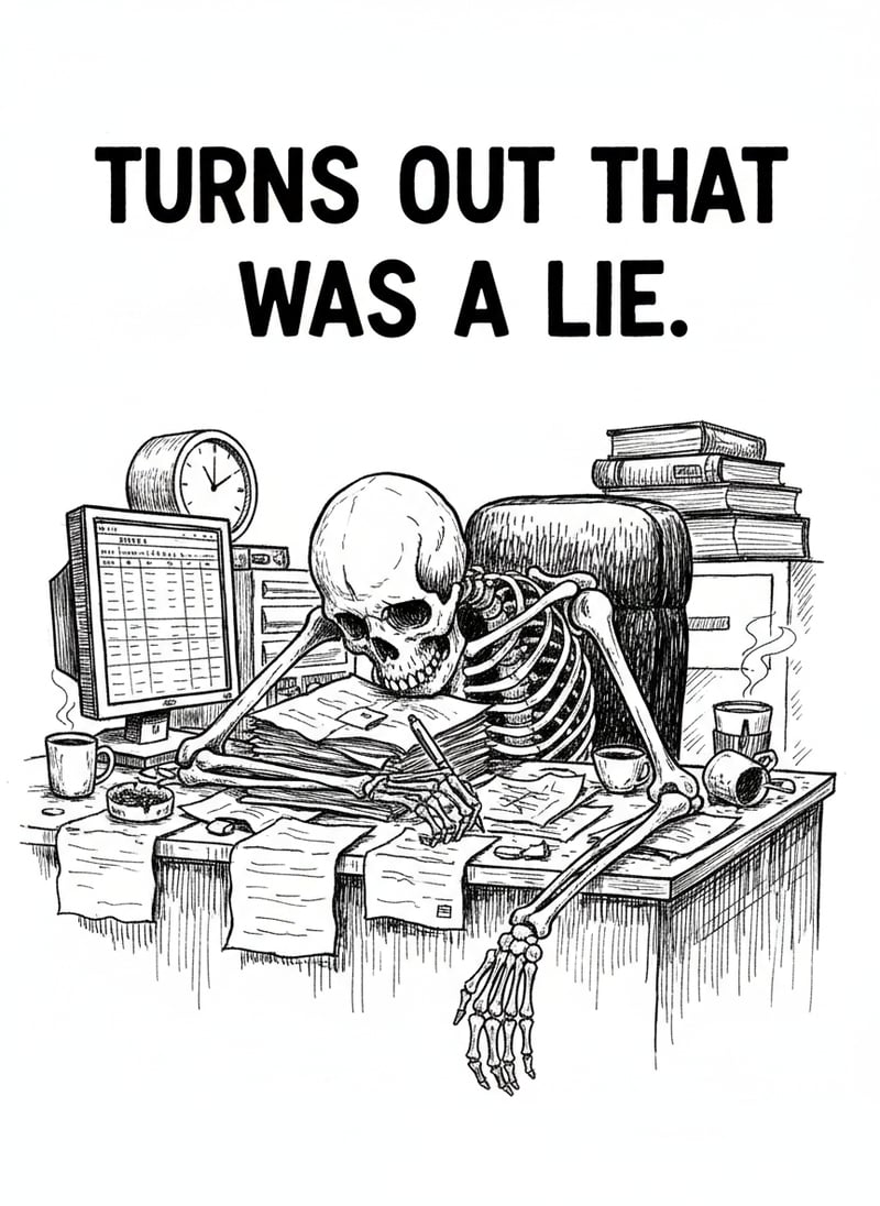 Stressed Office Worker Skeleton Ink Drawing