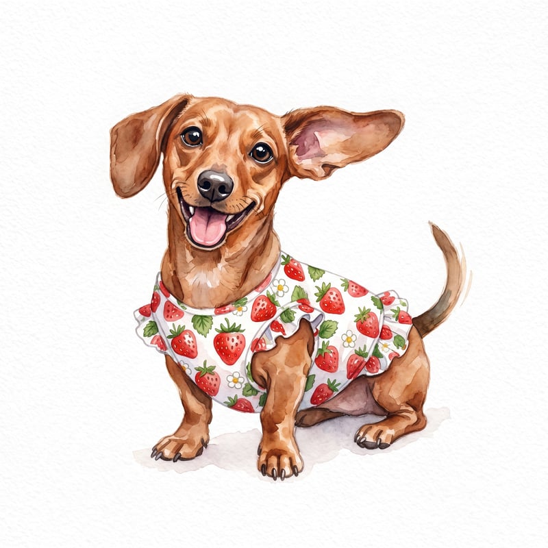 Happy Dachshund in Strawberry Swimsuit