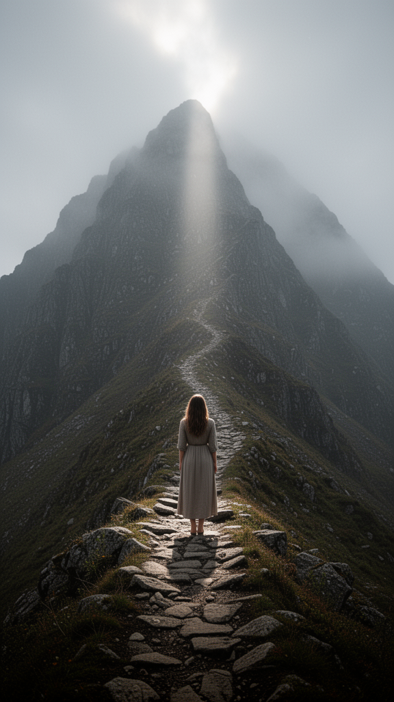 Woman by Misty Mountain Path