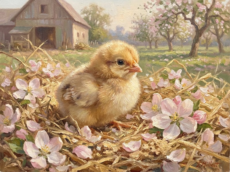 Oil Painting of Baby Chick and Blossoms